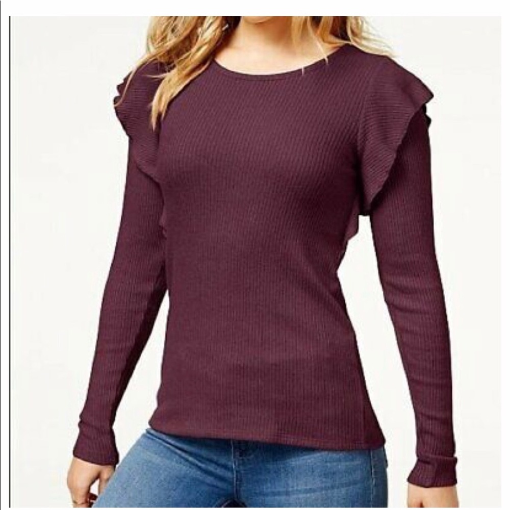 Lucky Brand Ribbed Ruffle Long Sleeve Top LB19 - Picture 3 of 4